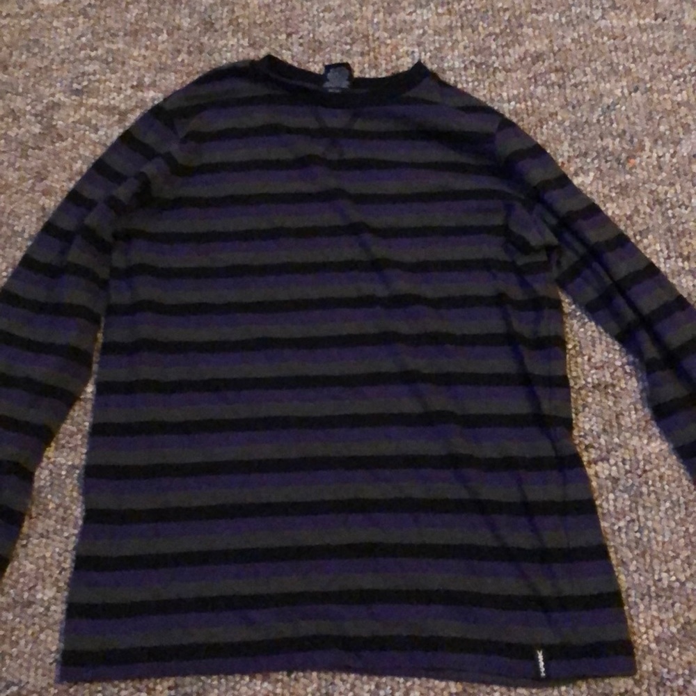 Purple, black, and grey striped long sleeved shirt